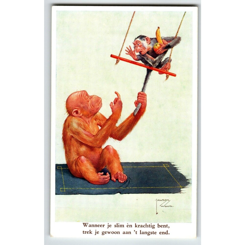 Monkey Pulls Chimps Tail Postcard Larson Wood Signed Fantasy Anthropomorphic